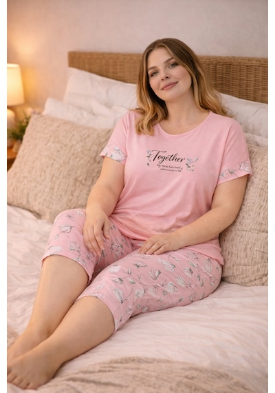 Nisanca Kadın Büyük Beden Kapri Pijama Takımı Yumuşak Dokulu, Konforlu Ev Giyimi Pudra