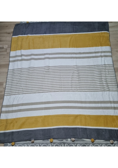 Merinos Colorway Tek Çift Kişilik Ponponlu Battaniye Gri - Sarı