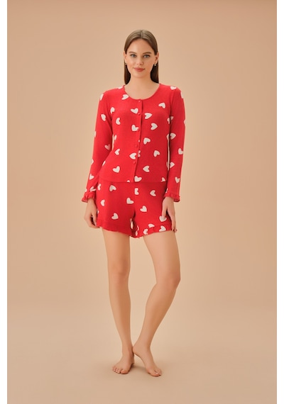 Suwen Sweety Maskülen Şort Takımı Sh25195667b95 Kırmızı Baskılı Kırmızı