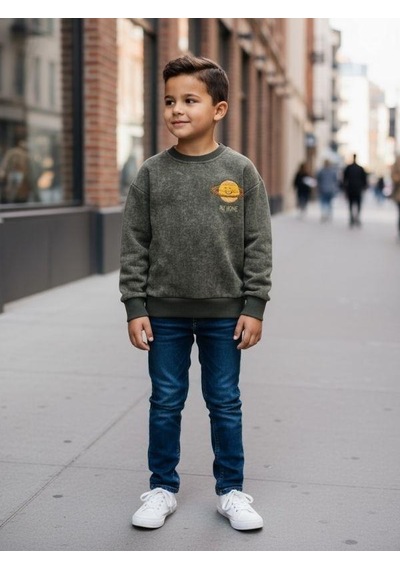 Zekids Erkek Çocuk Pamuklu Gezegen Baskılı Batik Sweatshirt-16332 YESIL