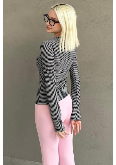 Siyah Çizgili Uzun Kollu Kadın Body Mg2657 Siyah
