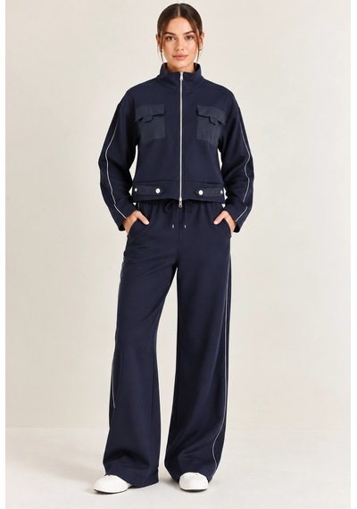 Mevese Biyeli Detaylı Dik Yaka Fermuarlı Sweatshirt & Wide Leg Eşofman Takım - Lacivert Mevese Biyeli Detaylı Dik Yaka Fermuarlı Sweatshirt & Wide Leg Eşofman Takım - Lacivert