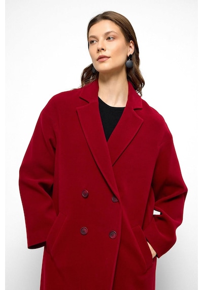 Olcay Desenli Astarlı Oversize Kruvaze Kaban Kırmızı 3095