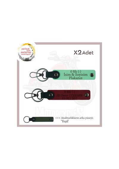 Motorcu Dostlara Özel, İsim Plaka Ve 0 Rh - Kan Grubu Yazılı X2 Anahtarlık Set, Yeşil-bordo-ysl