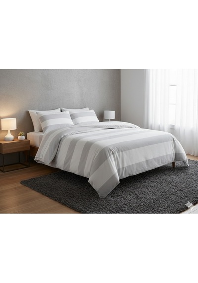 Maki Home %100 Pamuklu Soho Gri Çizgili 200x220+2 50x70 Çift Kişilik Nevresim Ve Yastık Kılıfı Beyaz Gri