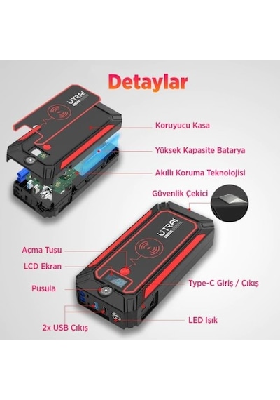 Utrai Jstar 4 24000mAh 2500A Jump Starter Taşınabilir Akü Takviye Cihazı (Kablosuz Şarj + Pusula + Çanta + Led Lamba + Powerbank)