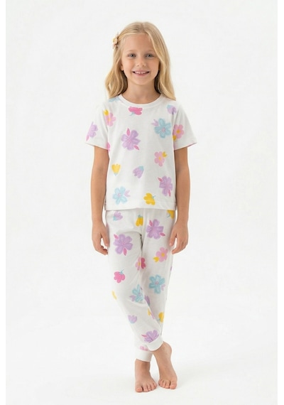 Bunny Hopp Renkli Çiçek Desenli Kısa Kollu Kız Çocuk Pijama Takımı - %100 Pamuklu Beyaz Takım