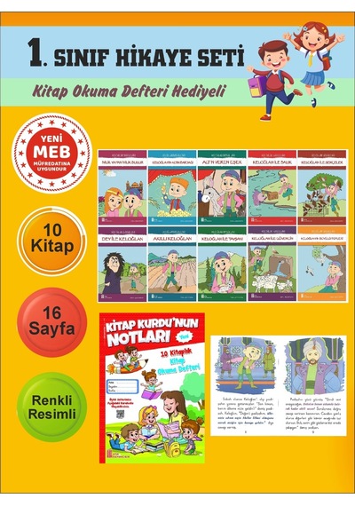 1.sınıflar İçin Okumayı Sevdiren 10 Lu Hikaye Seti 8 Kitap Okuma Defteri Hediyeli