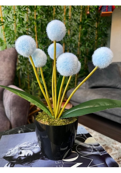 Yapay Çiçek Mavi Pompon Siyah Saksıda Dekoratif Yapay Çiçek 30 20cm