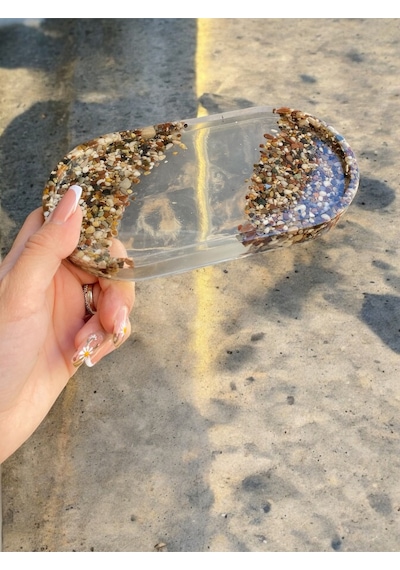 Çakıl Taşlı Epoksi Özel Tasarım Mum Takı Saksı Tabağı Hediyelik Şeffaf