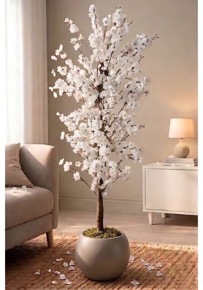 Cihan Çiçekçilik Yapay Beyaz Bahar Dalı Ağacı 180cm- 27x33 Cm Küre Saksılı Diğer