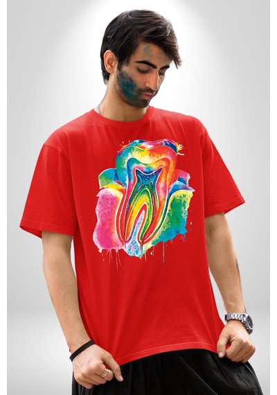 Diş Doktoru Diş Anatomisi Özel Tasarım Pamuklu Bisiklet Yaka Unisex Oversize Boyfriend Dijital Baskılı Kırmızı T-shirt Kırmızı