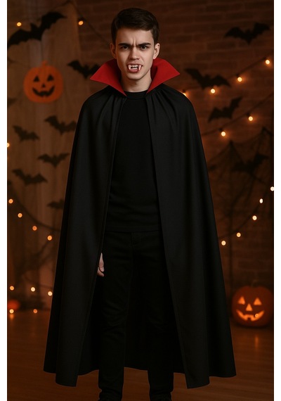 Cadılar Bayramı Halloween Kostüm Partisi Vampir Kan Emici Kont Drakula Pelerin+takma Diş Kostüm Seti