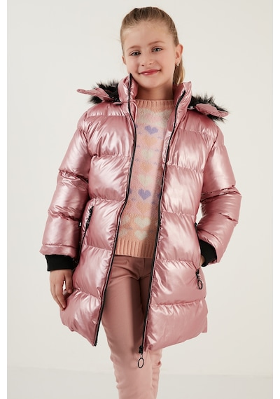 Lela Peluş Astarlı Yakası Suni Kürklü Çıkarılabilir Kapüşonlu Kışlık Kız Çocuk Mont 5761908 Pembe