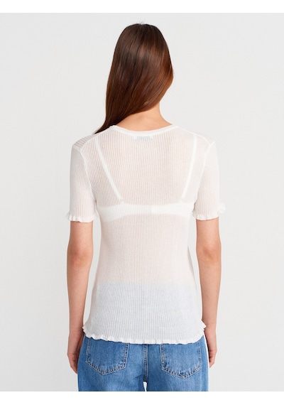 Dilvin 10783 Bisiklet Yaka Fırfırlı İnce Triko Bluz-ekru Ekru