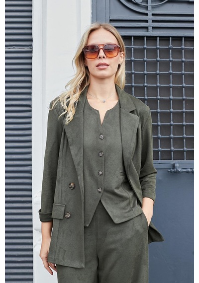 Kadın Süet Dokulu Kumaş Yakalı Capri Kol Cep Kapaklı Blazer Ceket-haki Haki