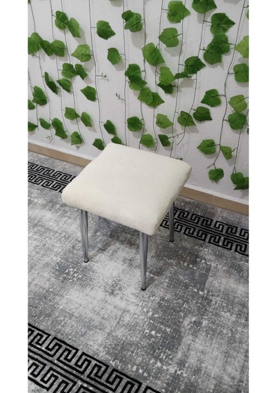 Özcan Metal Metal Ayak Teddy Kumaş Dekoratif Çok Amaçlı Peluş Puf Tabure Bench Koltuk Sandalye Krembeyaz
