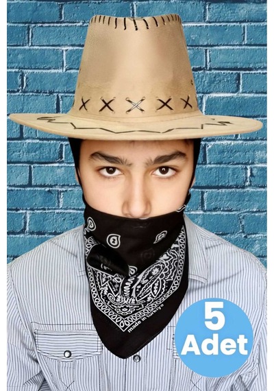 Uniquetrenders Çocuk Unisex Bandanalı 5'li Nubuk Kovboy Şapkası 8-14 Yaş Koyu Bej 3