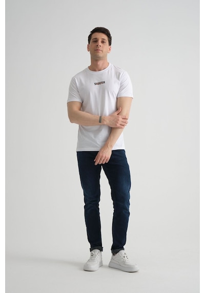 Shooter Sportwear Shooter Erkek T-shirt Minimal Baskılı Pamuklu Kumaş Standart Kalıp Beyaz