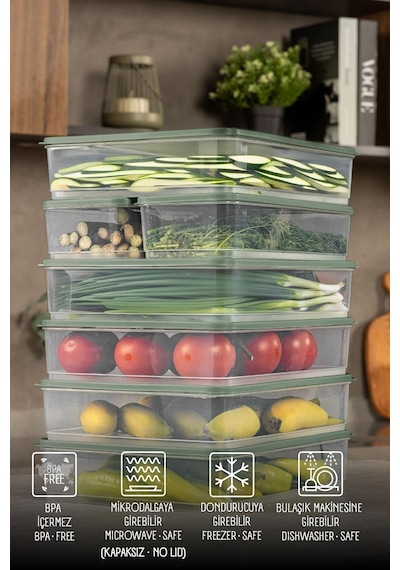 Vienev 7li Buzdolabı Dondurucu Organizer Ve Saklama Kabı Yeşil 5x 3,5lt 2x 1,65lt Yeşil