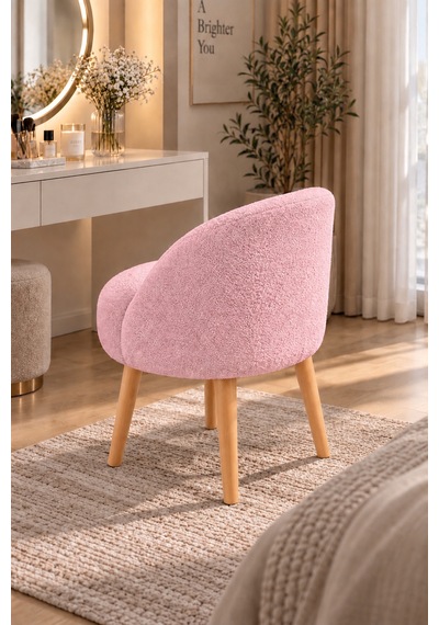 Lüks Bukle Makyaj Koltuğu Ahşap Ayaklı Çok Amaçlı Tasarım Puf Ve Berjer Pembe