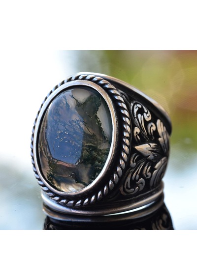 925 Ayar Gümüş Yüzükler - Doğal Agat Taşı Moss Agate Gümüş