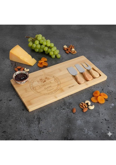 Bambu Peynir Sunum Tahtası Ve 3'lü Paslanmaz Çelik Bıçak Seti Şık Servis & Sunum 37x18x1,5cm Çok Renkli