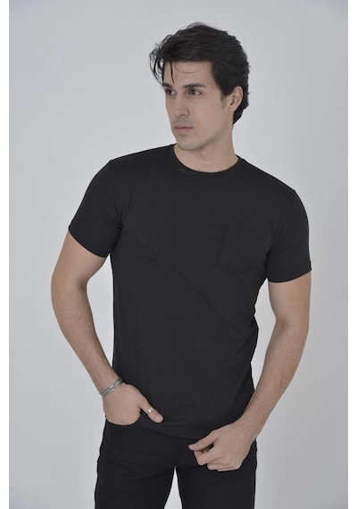 Novalisse Erkek File Çepli T-shirt Kısa Kol Bisiklet Yaka Slimfit Tişört - Siyah Çoklu Renk