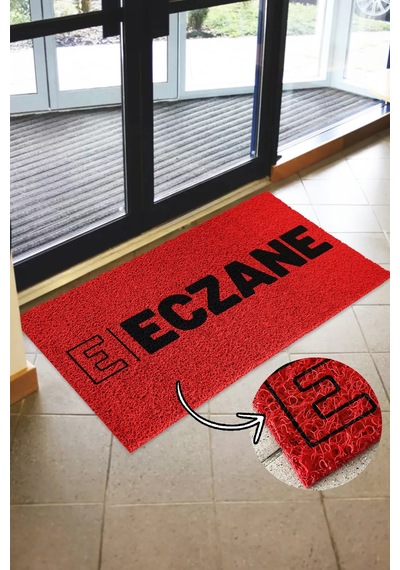 Eczane Paspası - Kıvırcık Paspas - Dış Ve İç Mekan Paspası - Suya Dayanıklı Kırmızı