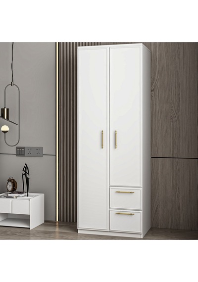 Vespera Çıta Detaylı, 2 Kapaklı, Çekmeceli Gardırop Beyaz, 60 Cm