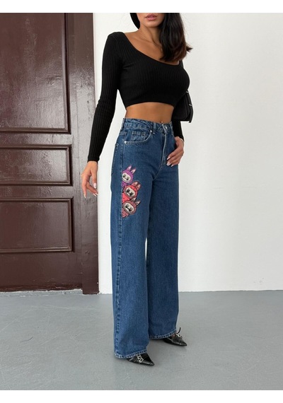Kadın Nakış Detaylı Wide-leg Jean Kot Pantolon Mavi+koyu