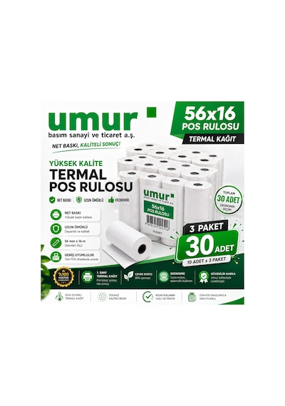56x16 Mm Termal Pos Rulosu Pos Kağıdı 30 Adet 3 Paket X 10 Adet