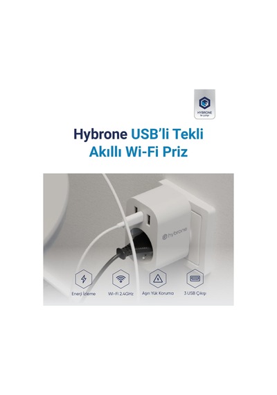 Hybrone Usb Ve Type-c Girişli Akım Korumalı Wi-fi Akıllı Priz, Adaptör, 16 Amper, Enerji İzleme, Çocuk Kilidi, Uygulama İle Uzaktan Kontrol