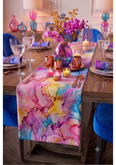 Premium Masa Runner Dijital Baskılı Soyut Şekil Desenli Dekoratif Salon Mutfak Yemek Masası Runner Örtüsü 45x140 Cm Pembe