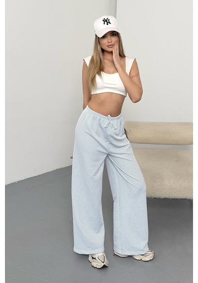 Giysa Kadın Beli Lastikli Bol Paça Çizgili Pantolon Mavi - 26y 5004