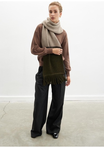 Peraluna Sorrel Scarf Çizgi Detaylı Püsküllü Kadın Triko Atkı - Sütlü Kahve Sütlü Kahve