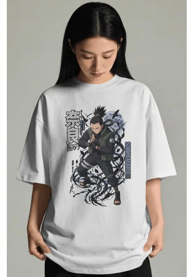 Unisex Oversize Shikamaru Nara Naruto Anime Karakter Ön Baskılı P Beyaz