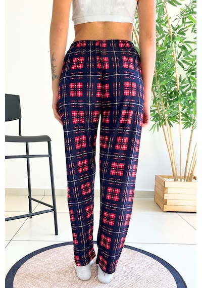 Farya Home Dreamy Soft Kadife Dokulu Ekose Kareli Süet Pijama Altı Pantolon Lacivert