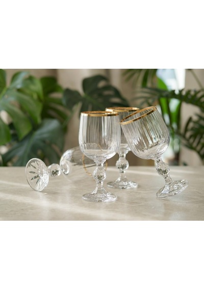 Alfafe Home Bohemia Kristal Optik Kadeh Seti 6 Lı Gerçek Altın Yaldız Ağızlı Şık Cam Kadeh Altın