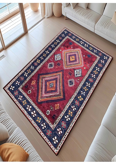 Çerçeve Motif Detaylı Etnik Desen Renk Uyum Modern Halı Dekoratif Kilim Kırmızı