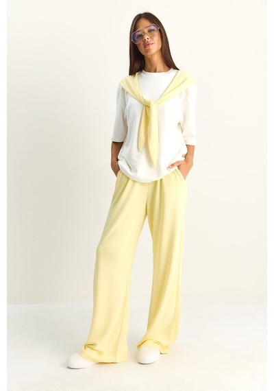 Shade Kadın Şal Detaylı Basic T-shirt Beli Lastikli Bol Pantolon Alt-üst Modal Takım 4116 60286084 - Sarı-beyaz Çok Renkli