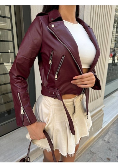 Kadın Kısa Crop Suni Deri Biker Ceket Bordo Bordo
