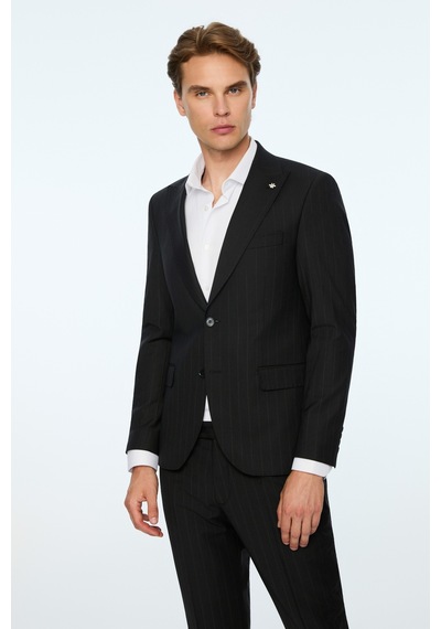 Morven Erkek Siyah Yün Trend Çizgili Slim Fit Sivri Yaka Takım Elbise 26mc001079001 Siyah