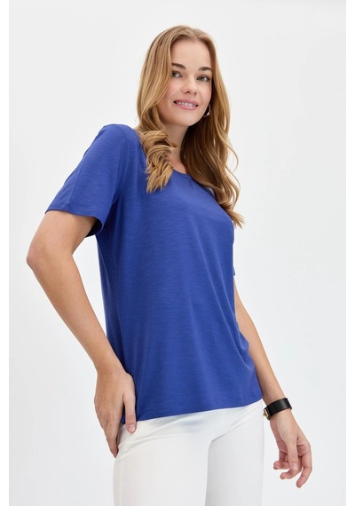 Desen Triko Kadın Sıfır Yaka Flamlı Kumaş Penye T-shirt Kmy24084 Indigo İndigo