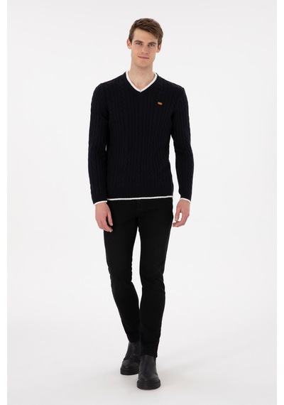 U.S. Polo Assn. Erkek Regular Fit V Yaka Lacivert Yaka Detaylı Kazak 50297083-VR033