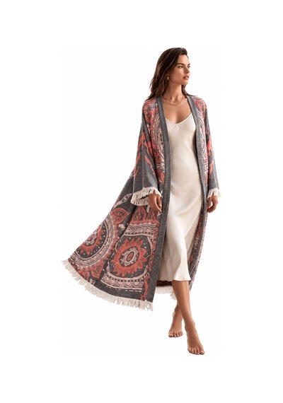 Brandsmiths Grey- Orange Mandala Kimono Sarı