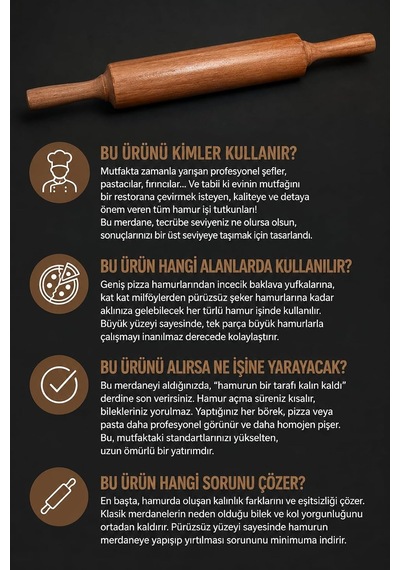 Transformacion Professional Dönerli Ahşap Merdane 43 Cm, Ergonomik Şef Tipi Hamur Açma, Profesyonel Pizza, Börek Ve