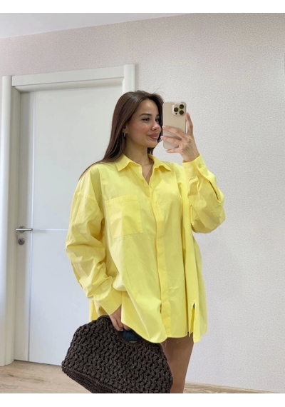 Defymoda Yakalı Yandan Yırtmaçlı Gömlek - Sarı Sarı