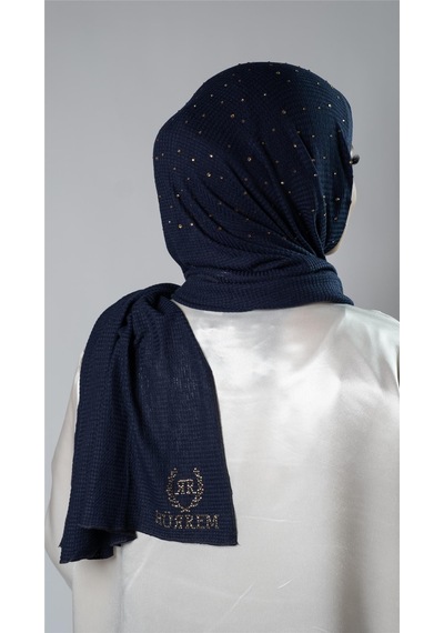 Hürrem Bone Lacivert Pratik Hazır Geçmeli Tesettür Şal Örme Kumaş Taş Desenli 2118t 02