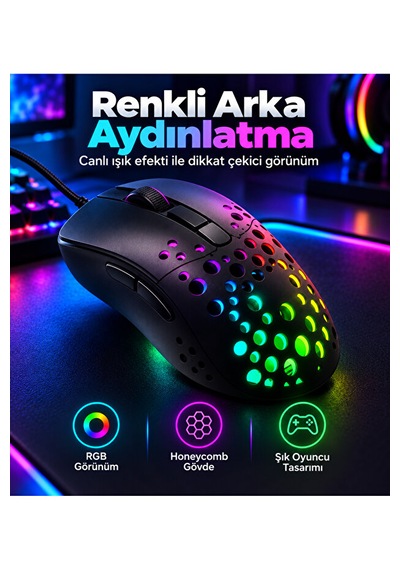 8000 Dpı Kablolu Oyuncu Mouse 6 Tuşlu Renkli Aydınlatmalı Usb Gaming Mouse Delikli 001